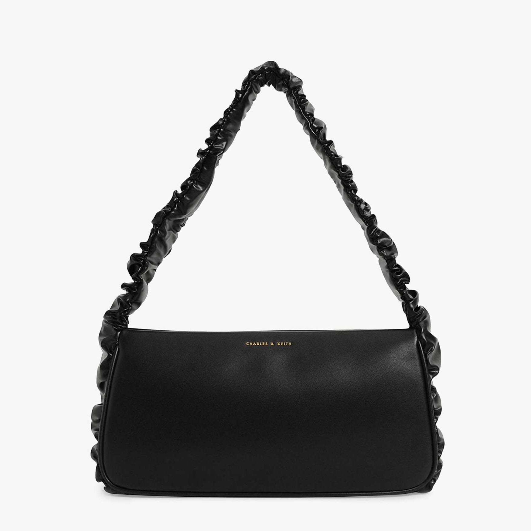 Riley Faux Leather Ruffle Trim Shoulder Bag, Black