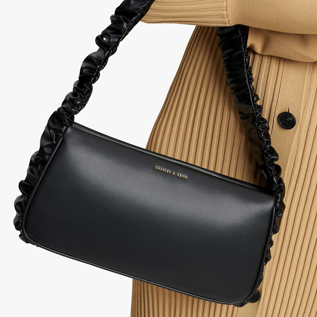 Riley Faux Leather Ruffle Trim Shoulder Bag, Black