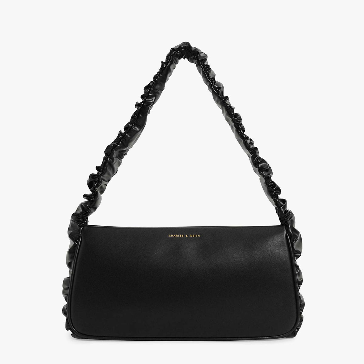 Riley Faux Leather Ruffle Trim Shoulder Bag, Black